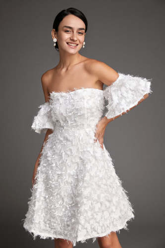 White Off-the-Shoulder Feather Mini Dress