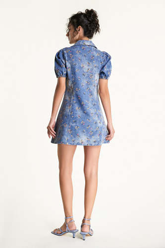 Royal Blue Floral Print Button Front Collared Denim Mini Dress
