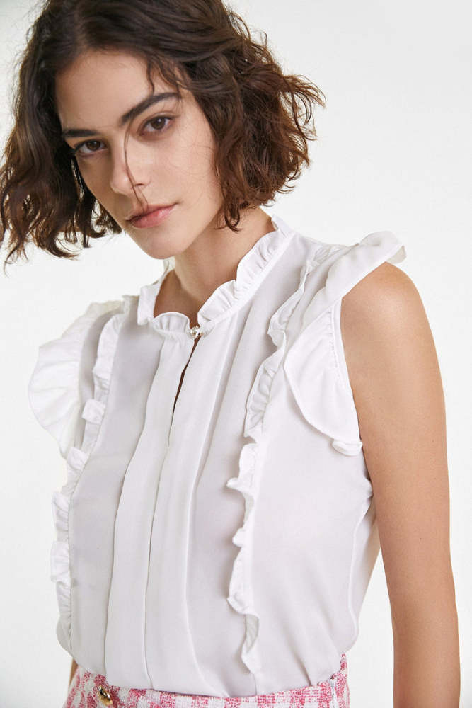 White Sleeveless Ruffled Panel Detail Blouse