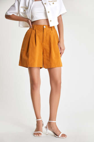 Orange Pleat Detail Wide Leg A-Line Shorts