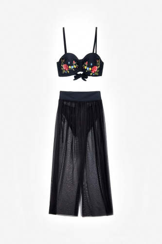 Black Embroidered Detail Bandeau & Cheeky Bottom & Cover-Up Skirt 3pcs Set