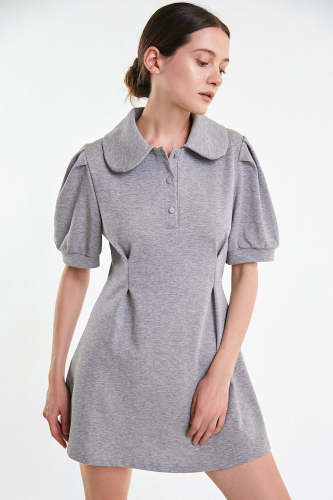 Grey Puff Sleeve Polo Neck T-Shirt Dress