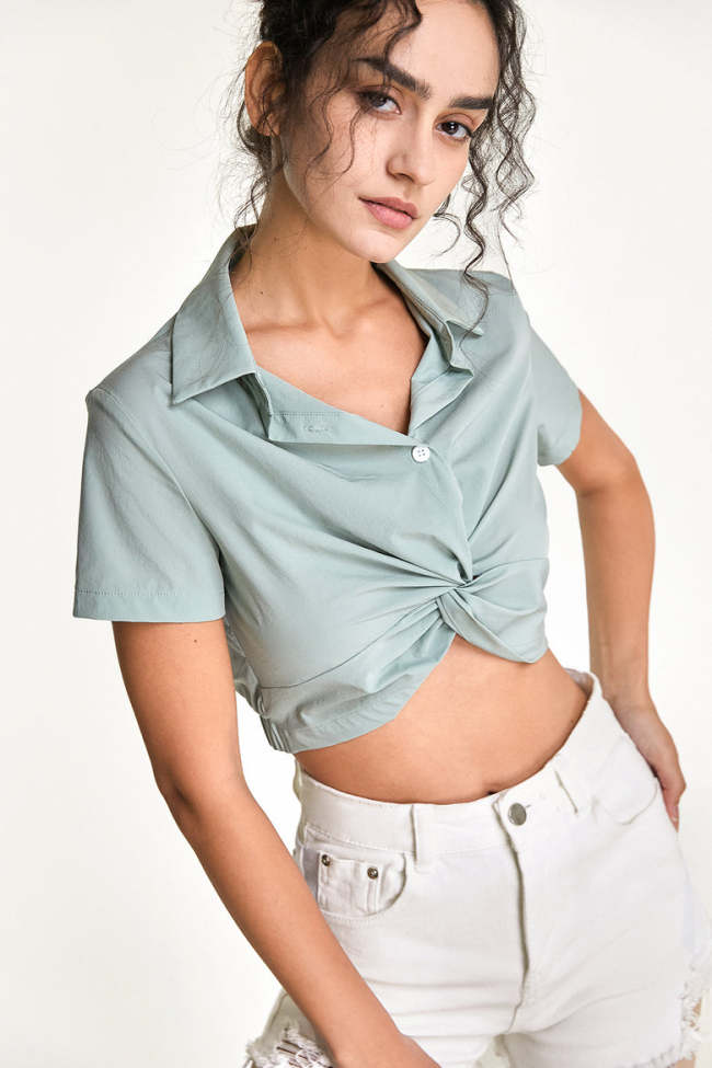 Light Green Twist Front Short Sleeve Cropped Shirt