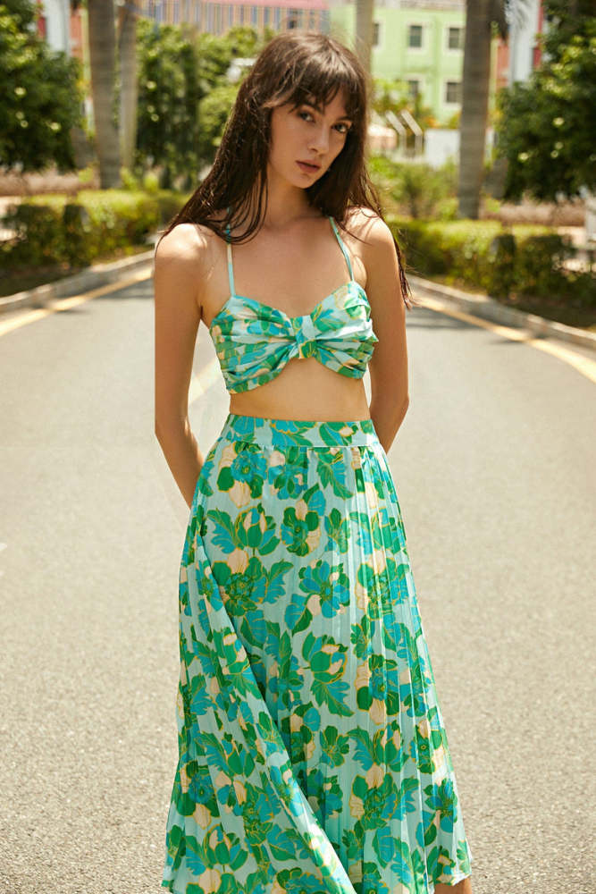 Green Pleated Floral Print Halter Bandeau Top & Asymmetric Midi Skirt Two-Piece Set