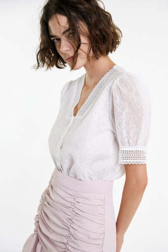 Flash Sale                White Crochet Lace Trim V-Neck Button-Up Blouse