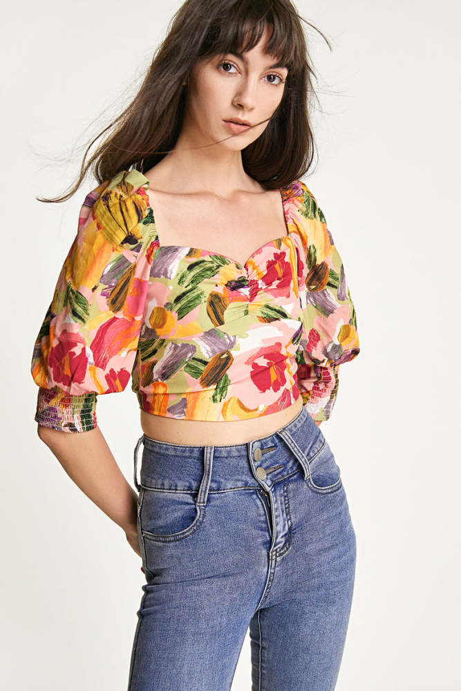 Multicolor Abstract Print Smocked Crop Top