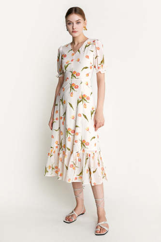 Ivory Floral Print Ruffled V-Neck Side Slit Midi Dress