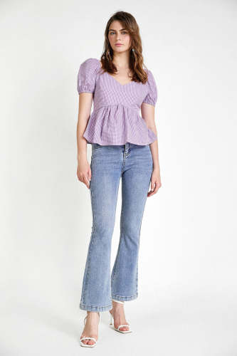 Medium Orchid Plaid Peplum Hem Blouse