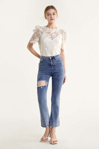 Royal Blue Ripped Flared High Rise Jeans