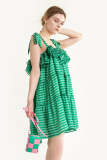 Medium Sea Green Plaid Ruffled Tie Strap Midi Dress