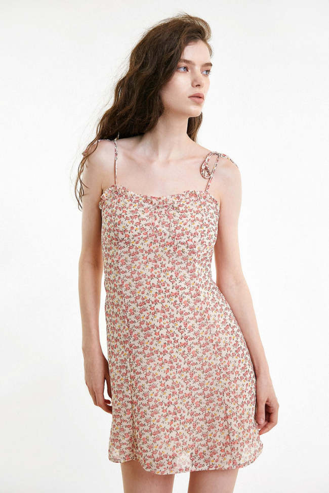 Pink Floral Print Tie Strap Sweetheart Neck Mini Dress