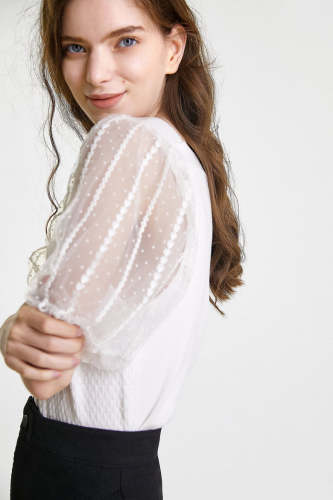 White Button-Up Sheer Puff Sleeve Knitted Blouse