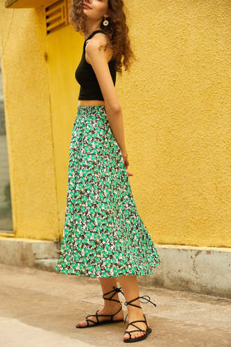 Green Floral Print Elastic Waist Crinkled Midi Skirt