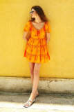 Orange Embroidery Puff Sleeve Ruffle Trim Mini Dress
