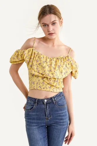Yellow Ruffled Floral Print Off-the-Shoulder Crop Top