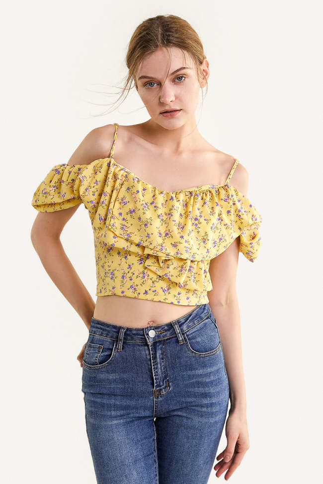 Yellow Ruffled Floral Print Off-the-Shoulder Crop Top