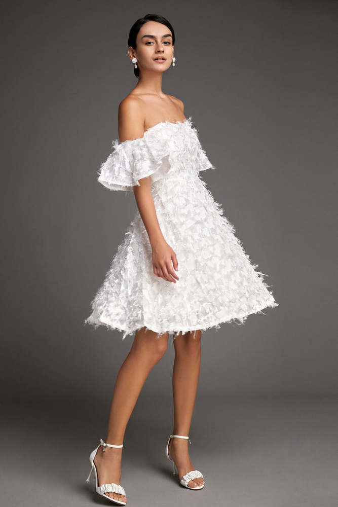 White Off-the-Shoulder Feather Mini Dress