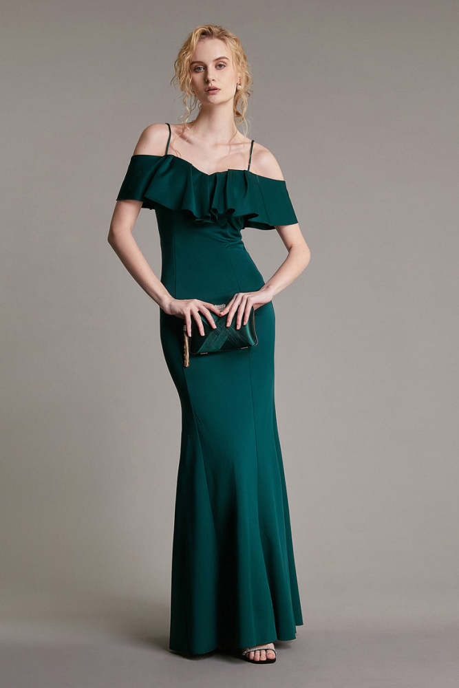 Dark Green Ruffle-Trimmed Off-the-Shoulder Maxi Dress