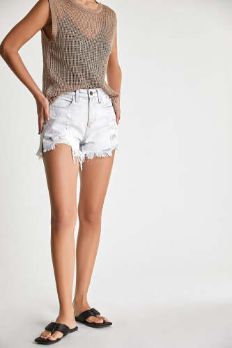 Light Blue Wash Ripped Fringe Hem Denim Shorts