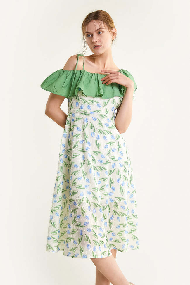 Light Sky Blue Floral Print Asymmetric Ruffled Midi Dress
