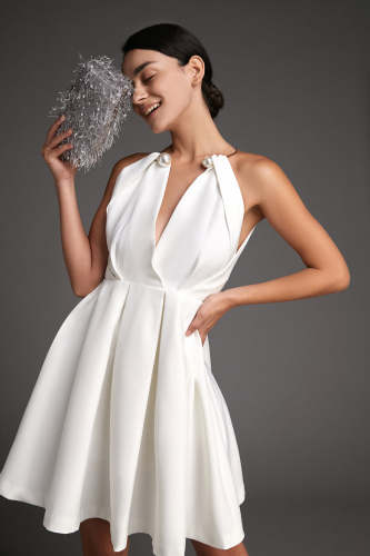 White Sleeveless Metal Ring Halter Mini Dress