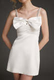 White Bow Detail Rhinestone-Embellished Strap Ruched Mini Dress