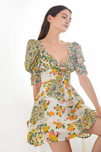 Multicolor Floral Print Tie Back Lace Detail Mini Dress