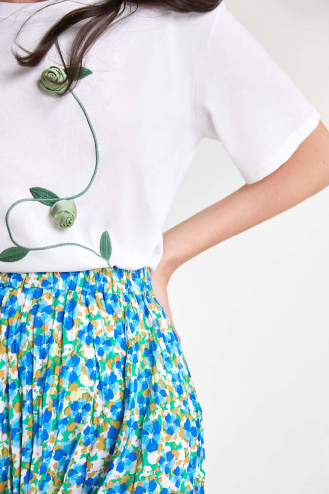 Cadet Blue Floral Print Elastic Waist Crinkled Midi Skirt