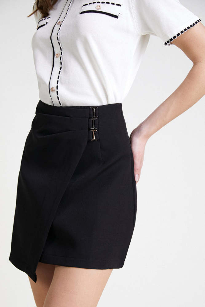 Black Asymmetric Wrap Front Mini Skirt