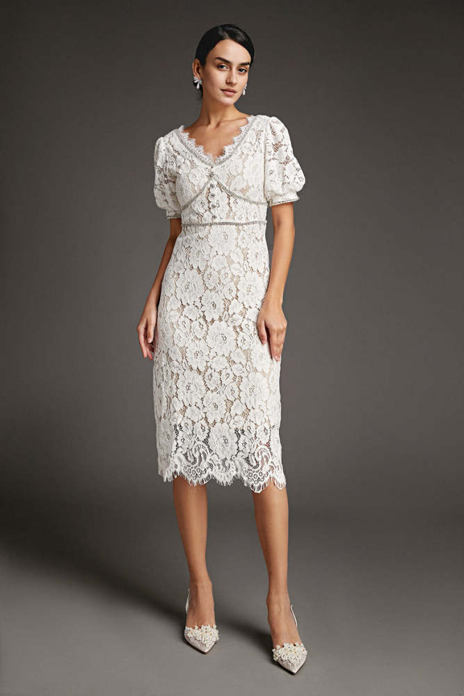 White Lace Overlay V-Neck Rhinestone Detail Midi Dress