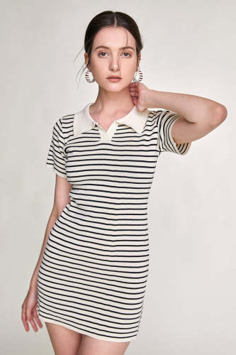 Black Striped Knitted Polo Mini Dress