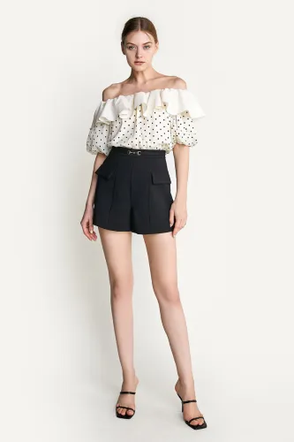 Ivory Off-the-Shoulder Polka Dot Ruffled Blouse