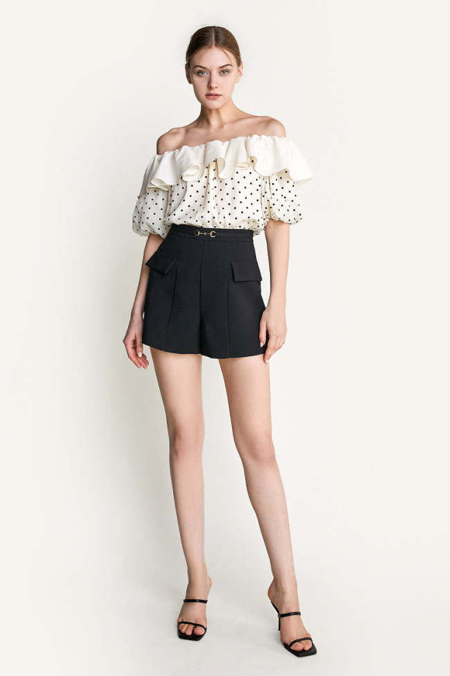 Ivory Off-the-Shoulder Polka Dot Ruffled Blouse