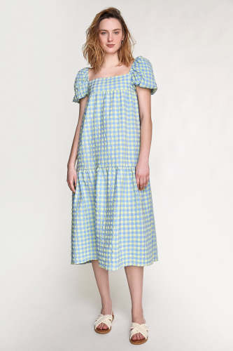Cornflower Blue Gingham Puff Sleeve Maxi Dress
