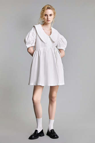 White Scallop-Edge Tie Side Puff Sleeve Collared Mini Dress