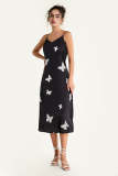 Black Satin Butterfly Print Spaghetti Strap Midi Dress