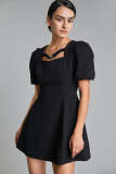 Black Textured Buckle Strap Detail Puff Sleeve Mini Dress