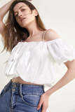 White Off-the-Shoulder Ruched PuffBall Crop Top