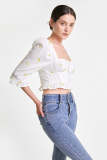 White Floral Embroidery Bustier Ruffled Cropped Blouse