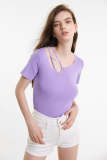 Medium Purple Cut Out Shoulder Knit Top