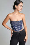 Dark Blue Printed Lace-Up Back Bandeau Denim Crop Top