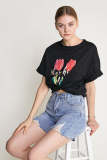 Black Tulip Print Oversized Cotton T-shirt