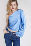 Deep Sky Blue Asymmetric One Shoulder Blouse
