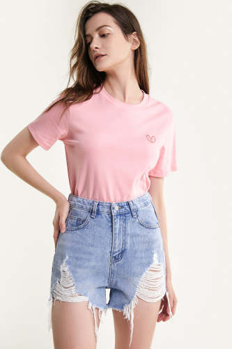 Flash Sale                Pink Heart Embroidery T-shirt