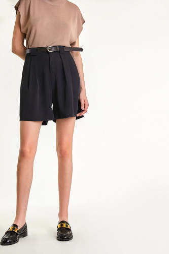 Black Longline Pleat Detail Belted Shorts