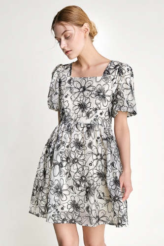 Ivory Puff Sleeve Floral Print Square Neck Mini Dress