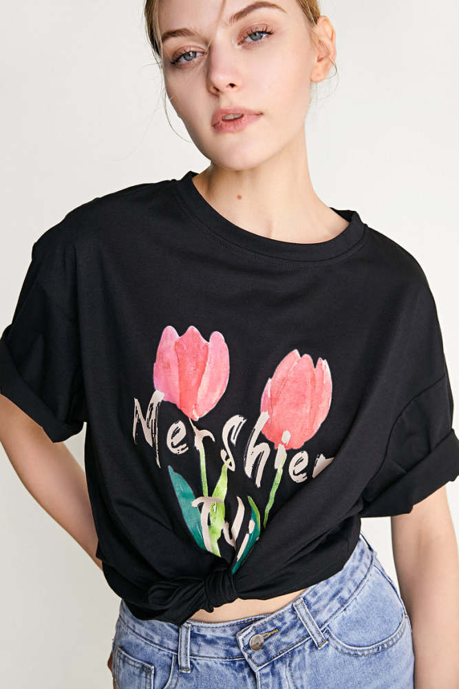 Black Tulip Print Oversized Cotton T-shirt