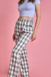 Midnight Blue Plaid Elastic Waist Straight Leg Pants