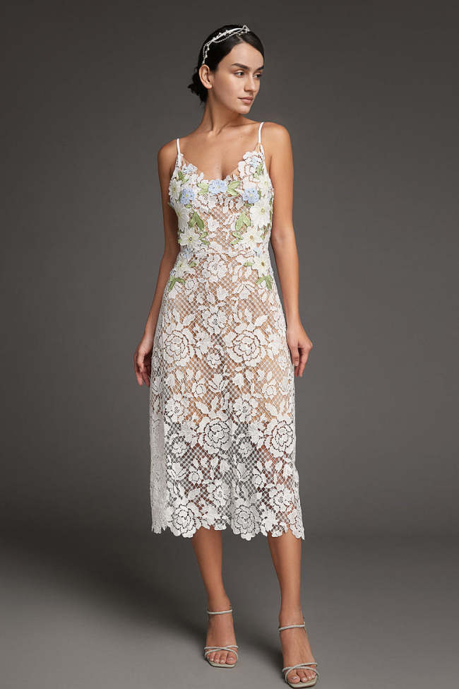 White Floral Lace V-Neck Spaghetti Strap Midi Dress