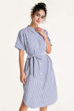 Blue Striped Tie Waist Stand Collar Midi Shirt Dress